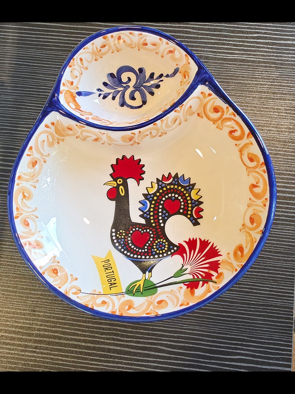Hand-Painted Portuguese Rooster Ceramic Dip Bowl - Blue, Red, Yellow Cottagecore